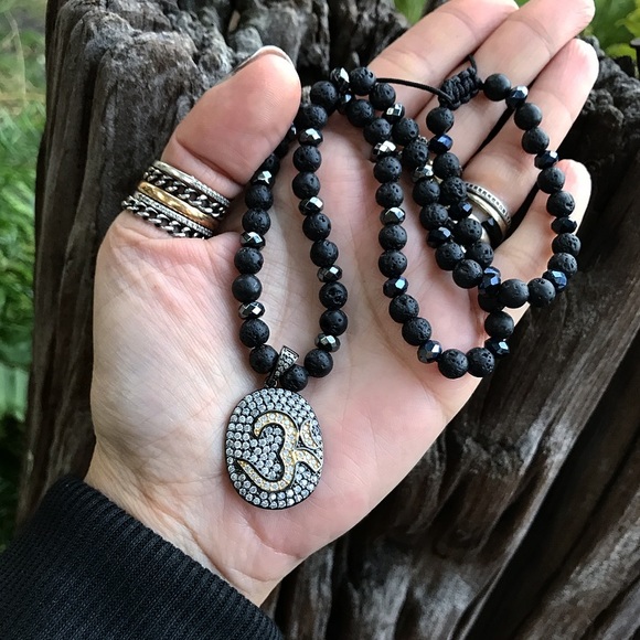Silverskylight Jewelry - Om sign necklace . Genuine black Lava rock hematite rodhium cz medal boho choker